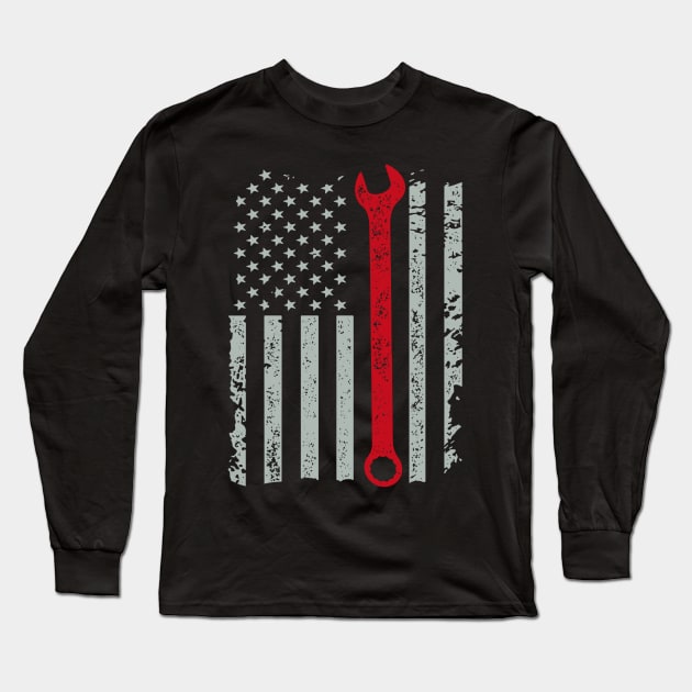 American Auto Mechanic Wrench And Flag Long Sleeve T-Shirt by QUYNH SOCIU